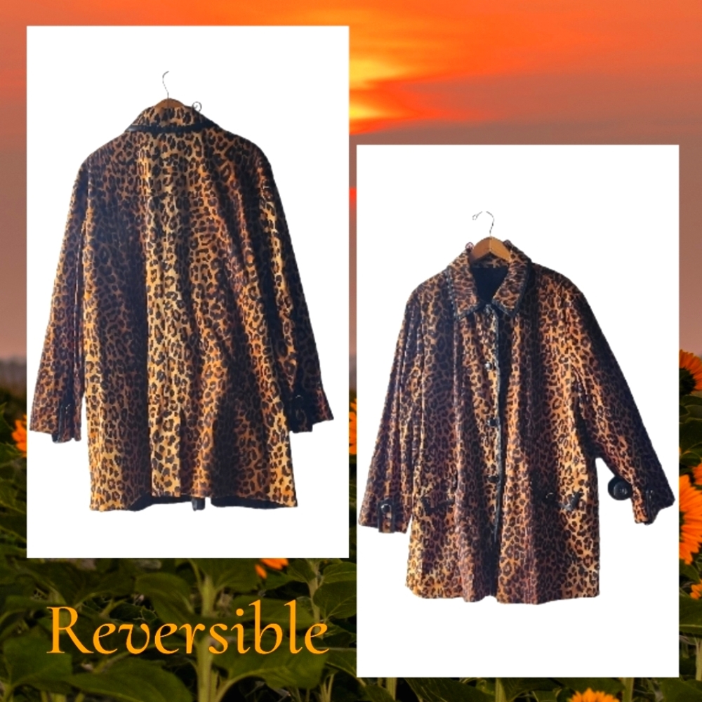 Jones of New York Coat Reversible Womens Trench Black/Animal Print Sz 3X - Picture 3 of 8